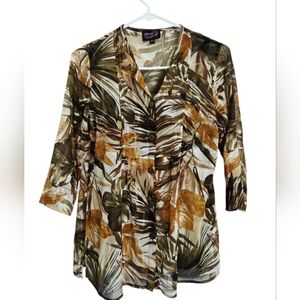 Mango Tango Womens Button Up Tunic Top XS Sheer 3/4 Sleeve Leaf Hawaii Brown VTG